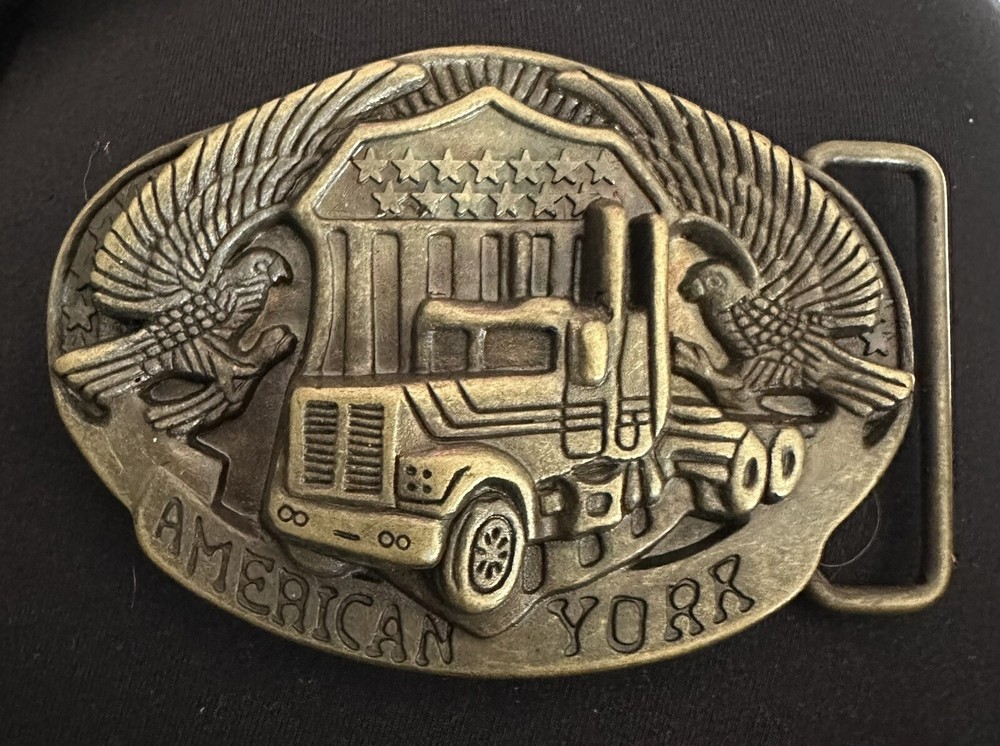 American York Trucker Belt Buckle Semi Truck Pewter Eagle Flag Zinc Collectible