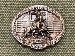 Western Belt Buckle Peach Capitol Rodeo 25th Kansas Rare 3D Cowboy Bronco Chute