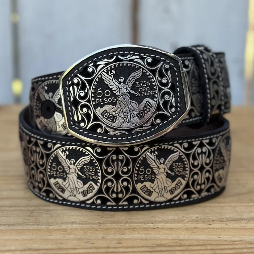 Genuine Laser Cut Leather Centenario Western Belt with Removable Buckle – Silver