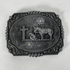 Western Floral Belt Buckle Praying Cowboy Kneeling at Cross Silver Tone Rodeo