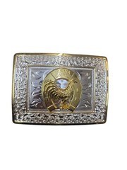 Cowboy Belt Buckle For Man – Horse Shoe/Rooster 4 1/4&Prime;x3 1/8&Prime; Silver Tone/Gold