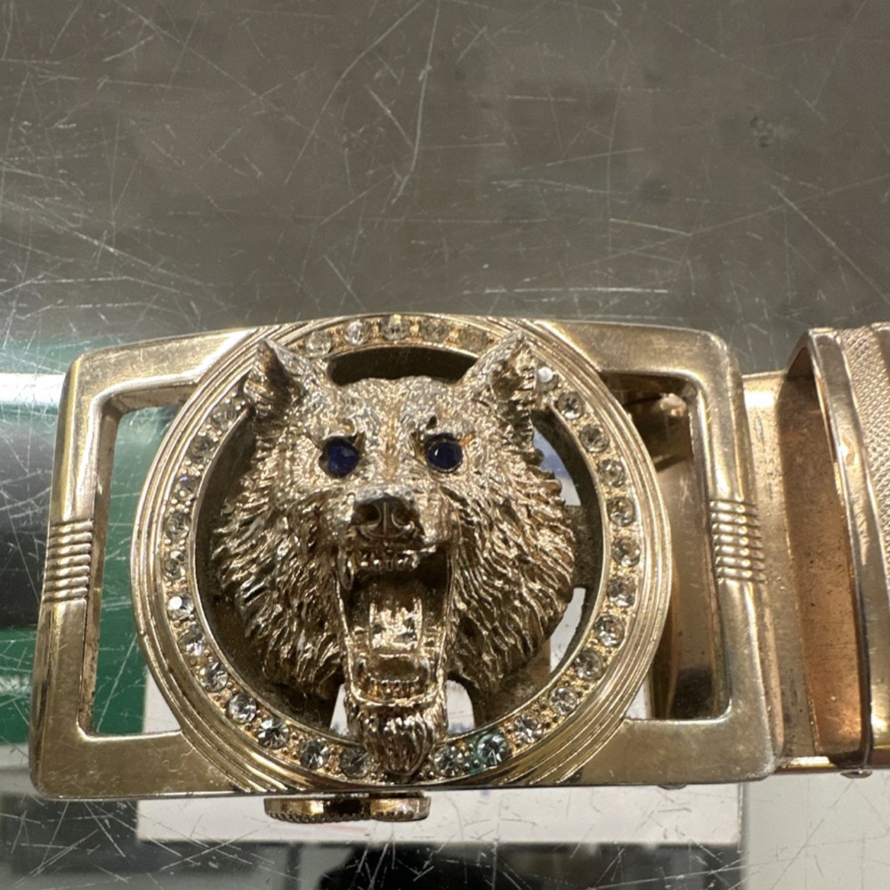 Gold Wolf Head Automatic Latch Belt Buckle for Men with Rhinestone Accents