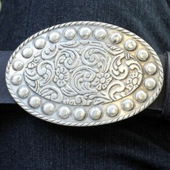 Floral tendrils Oktoberfest costume belt buckle, oval design, antique silver