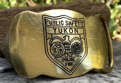 Vintage YUKON Public Safety Solid Brass Belt Buckle Police Fire Badge 2×3”