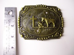 Belt Buckle Praying Cowboy Kneeling at Cross Western Floral Large 4.5&Prime;x 3.5&Prime;