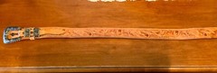 Mexico Silver Gold Overlay Engraved Flower Ranger Buckle Brown Tooled Belt 36&Prime;