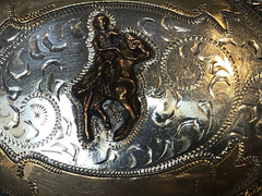 Vintage Alpaca Silver and Brass Belt Buckle Rider & Horse 4&Prime; x 2.75&Prime;