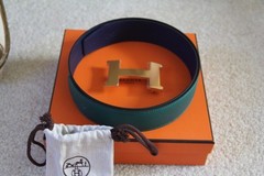 100% Authentic Hermes Purple/Dark Green Togo&Epsom Leather Belt 42 MM – size 85