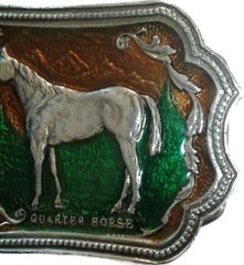 Vintage Pewter Quarter Horse Belt Buckle Green Brown Scenic Design Enameled