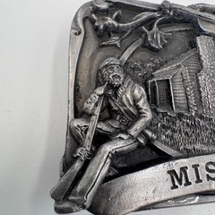 Vintage Missouri State Belt Buckle Pioneer Log Cabin Fiddle Banjo Pewter Tone