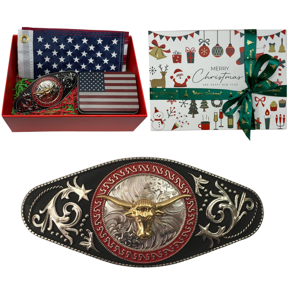 Western Belt Buckle Christmas Gift Set – Small American Flags – Patriotic Gifts