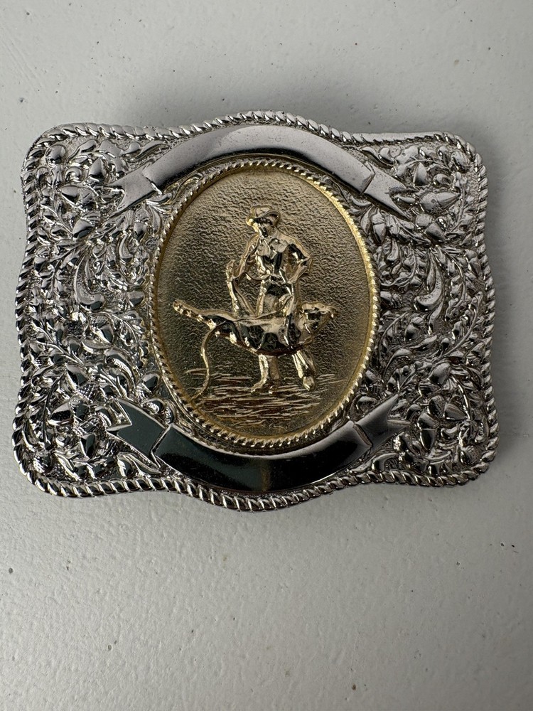 Western Belt Buckle Roper Silver Tone Engraved Western Prod Co. 70s
