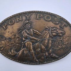 Vintage 70s Pony Post Express Brass Metal Belt Buckle Montauk Silver Company