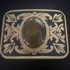 Vintage Belt Buckle Western Style Gold Ornate with Large Brown Oval Stone