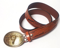 Western Belt 38 Longhorn Skull Oval Buckle Rust & Brown Stamp Synthetic Leather