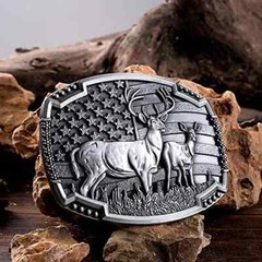 Buck Deer American Flag Belt Buckle USA Hunter Antique Silver Tone 1.5&Prime; Belts
