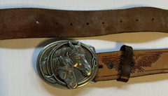 1983 Siskiyou Pewter Horse Belt Buckle Leather Belt Eagle Grain 42/44 Tan USA