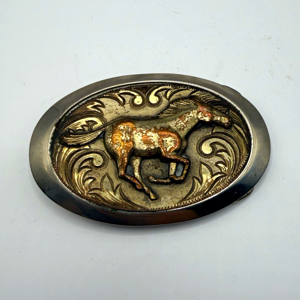 Western Oval Horse Engraved Metal Belt Buckle Silver Gold Copper colors