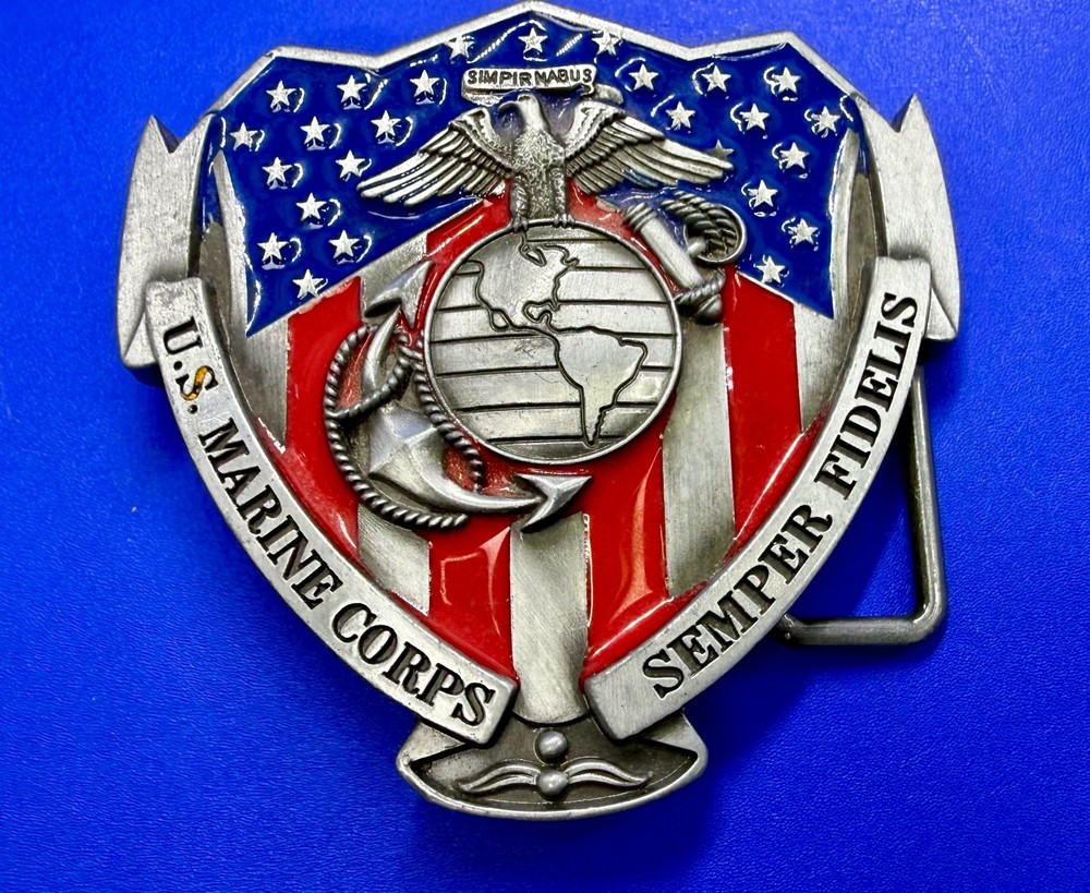 US Marine Corps Semper Fideles Eagle Anchor Globe Commemorative Belt Buckle