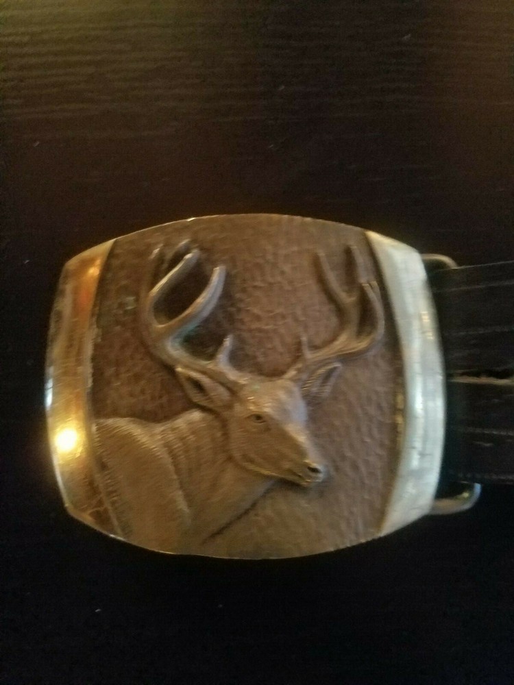 Bronze deer belt buckle w/ imprinted leather belt