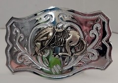 Vintage Chrome Belt Buckle with Applied Bronze Bucking Bronco Horse Clean READ