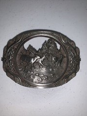 MEN&rsquo;S HEAVY PEWTER 1990 C + J INC DEER SCENE AND ANTLER BELT BUCKLE MADE IN USA