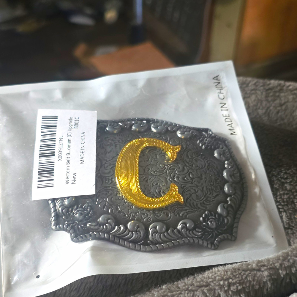 Western Floral Initial C Belt Buckle Silver/Gold Rectangular Metal Fits 1.5&Prime;