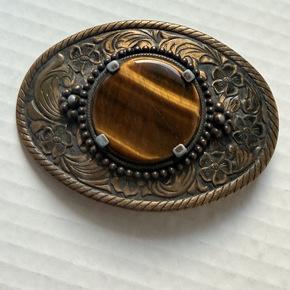 Vtg Western Belt Buckle Gold Tone Brown Stone Brass Made In USA Unbranded