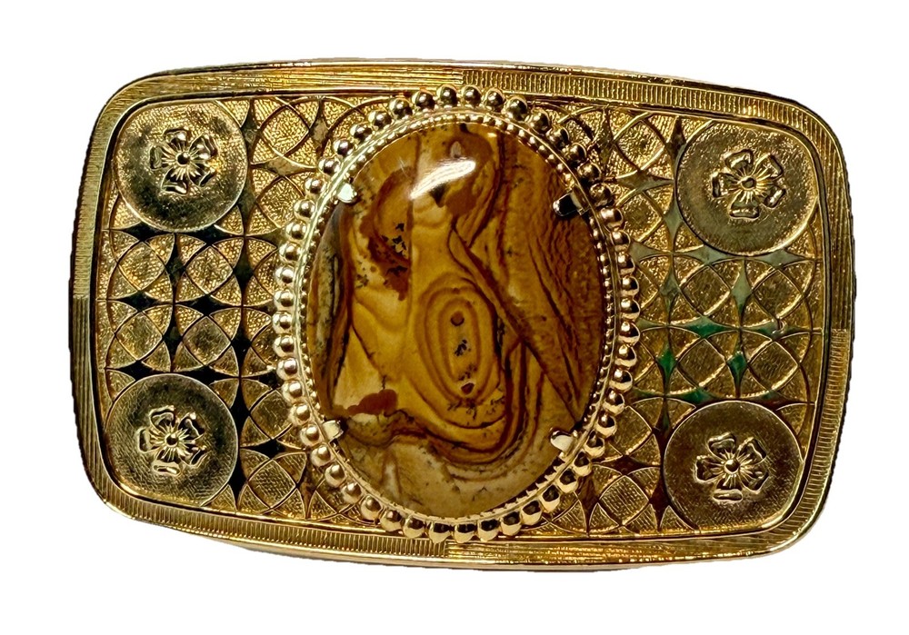 Vintage 1970 Western Belt Buckle Gold Tone Picture Jasper Cabochon Filigree Boho