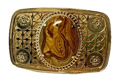 Vintage 1970 Western Belt Buckle Gold Tone Picture Jasper Cabochon Filigree Boho
