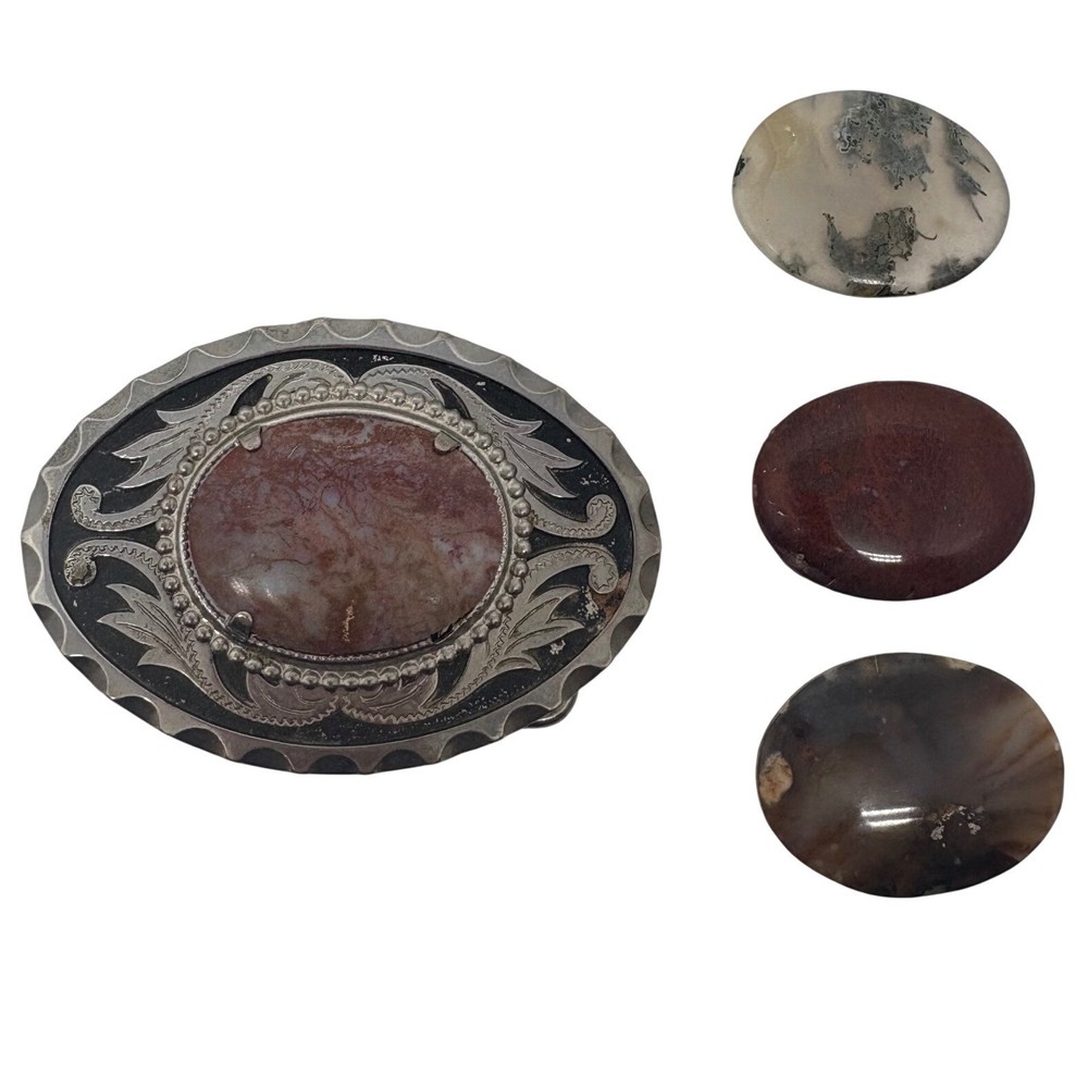 Western Interchangeable Stone Belt Buckle Silver Tone Agate Jasper 3.5in