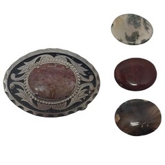 Western Interchangeable Stone Belt Buckle Silver Tone Agate Jasper 3.5in