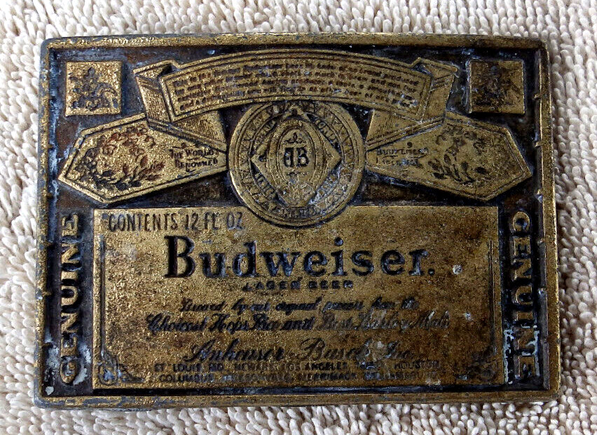 Vintage Budweiser Belt Buckle Copper Tone Anheuser Bush 3 3/8&Prime; x 2 3/8&Prime;