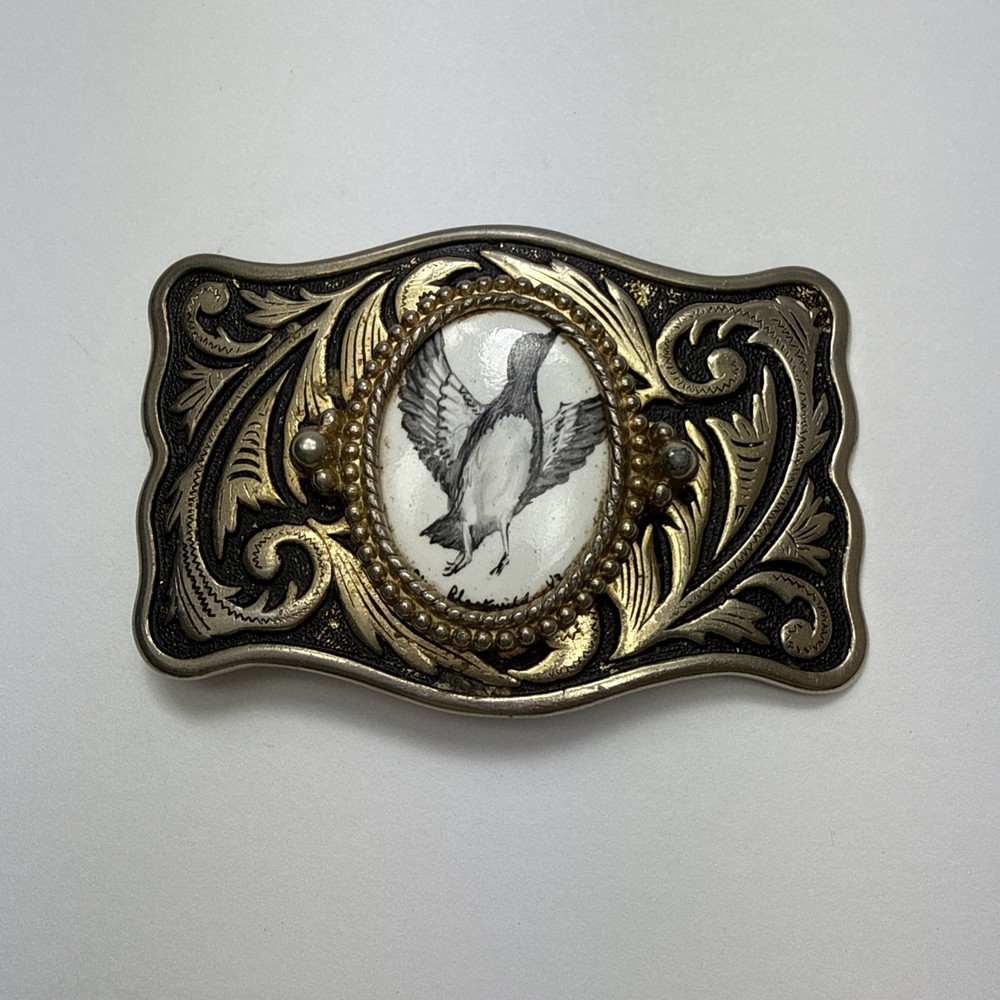 Vintage Canadian Goose In Flight Raised Belt Buckle Silver And Gold Toned Metal