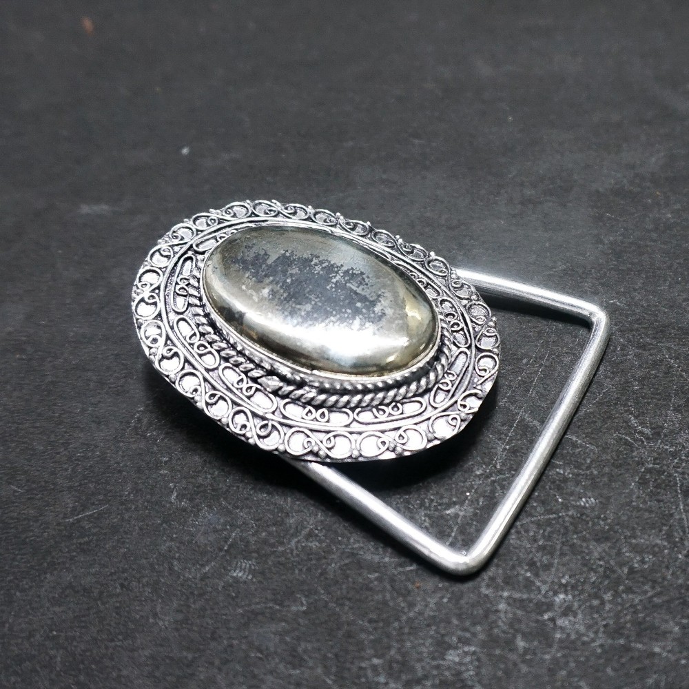 Handcrafted 925 Sterling Silver Natural Pyrite Oval Cabochon Belt Buckle