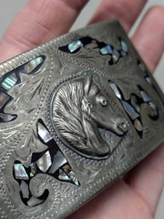 vintage WESTERN buckle belt HANDCRAFTED german silver ALPACA abalone HORSE
