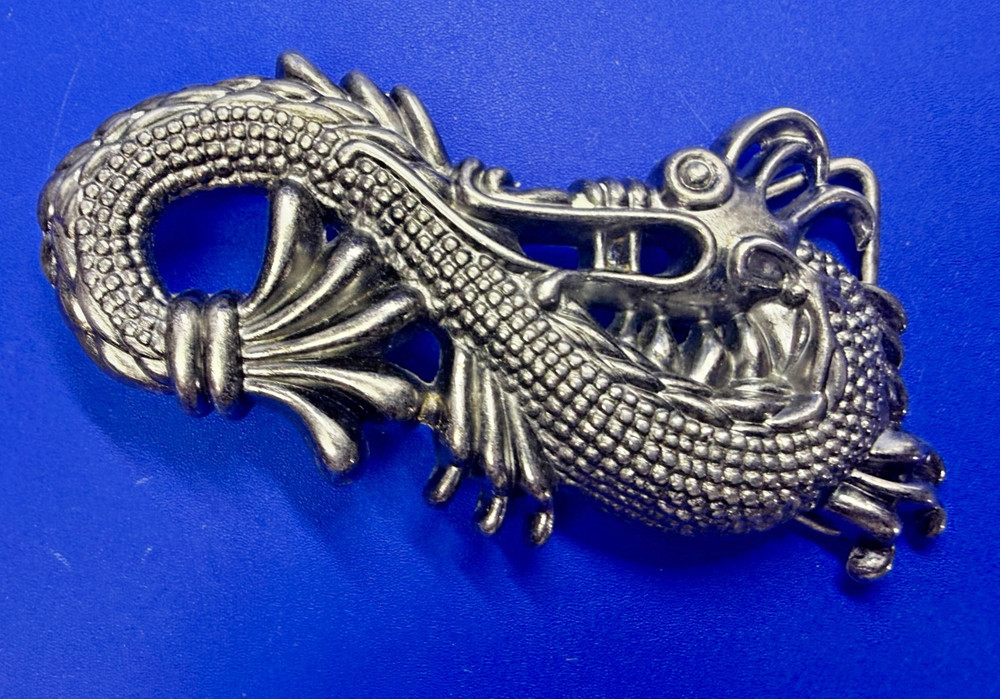 Mystical Chinese Dragon Mythology Figural Cutout Silver Color Belt Buckle