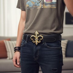 NEW Men Gold Metal Belt Buckle Western Fashion Fleur De Lis Flower French Symbol