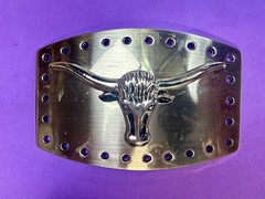 Texas Longhorn Cow Bull Head Steer Hole Border Silver Color Western Belt Buckle