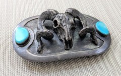 Vintage 3D Long Horned Ram Skull & Turqouise Metal Belt Buckle 4&Prime;x2 1/4&Prime;