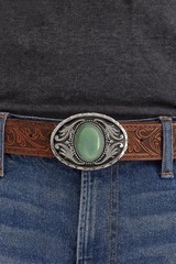Sage Green Stone Belt Buckle Engraved Silver Western Cowboy Cowgirl Rodeo Style