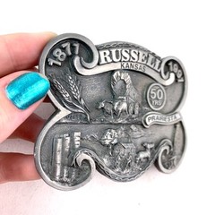 Vintage Dart Russell Kansas 50 Years Prairiesta Western Metal Belt Buckle 19/500