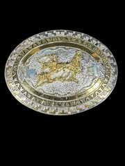 Vintage Crumrine Western Rodeo Team Roping Oval Belt Buckle Heavy Silver Bronze