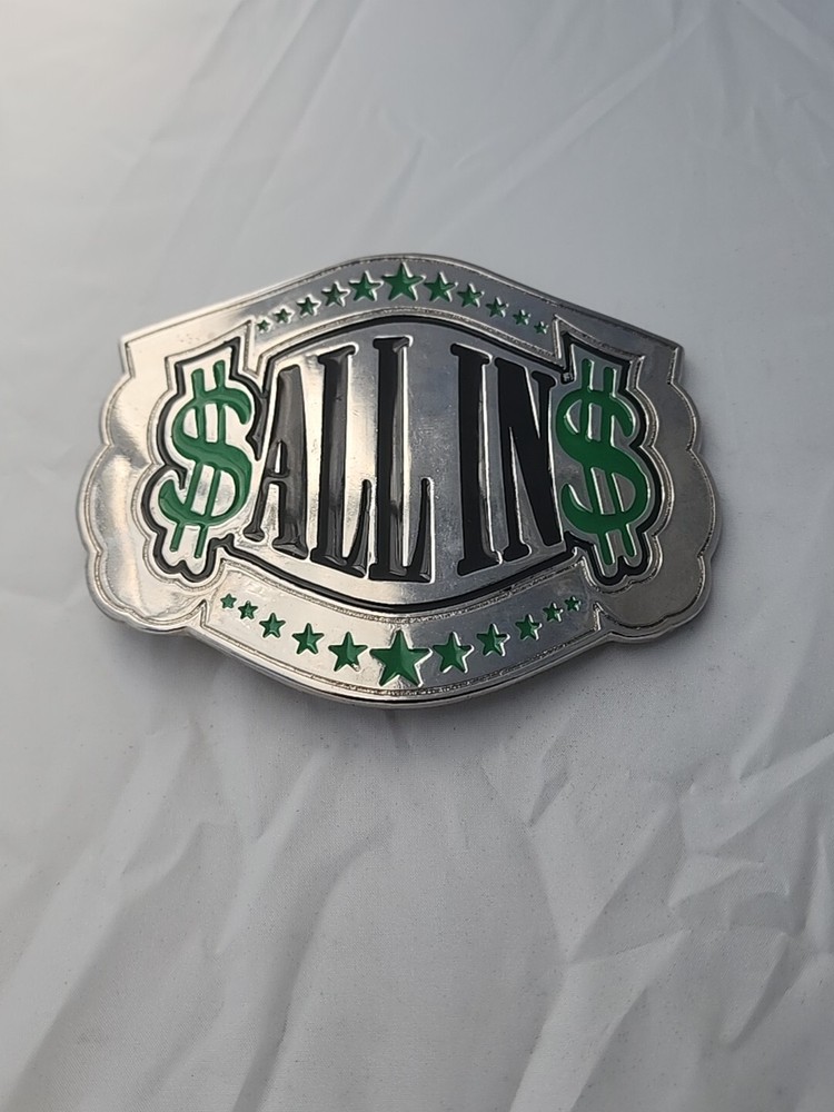 ALL IN Text Dollar Signs Novelty Belt Buckle Silver Tone Money Gambling