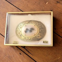 VINTAGE GENUINE AGATE AND BRASS BELT BUCKLE WITH ORIGINAL BOX NOS NIB