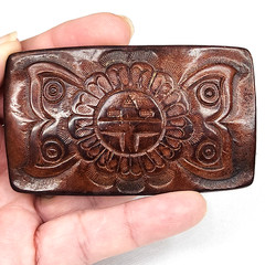 Vtg Hand Tooled Leather belt buckle Native American Indian Southwestern 3×2&Prime;