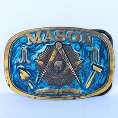 1986 The Great American Buckle Co Mason Belt Buckle Teal Enamel Masonic G USA