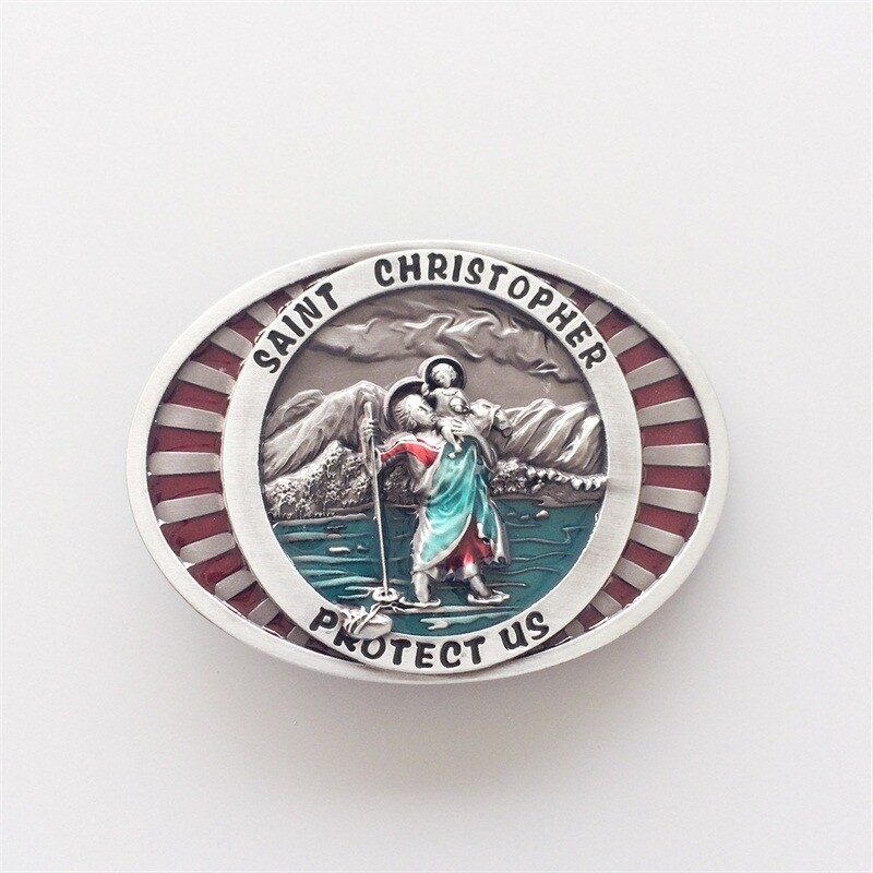 Vintage Style Enamel Saint Christopher Protect Us Belt Buckle Also Stock in US