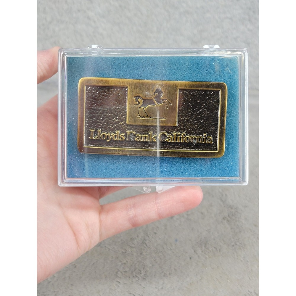 Vintage Lloyds Bank California Belt Buckle Brass Tone Black Horse Logo with Case