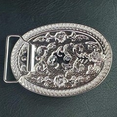 Western Longhorn Steer Belt Buckle Silver Tone Oval Engraved Floral Cowboy Rodeo